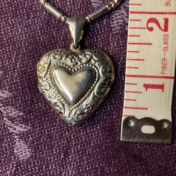 Sterling Silver Valentines heart Repousee Locket Necklace - Picture 2 of 7